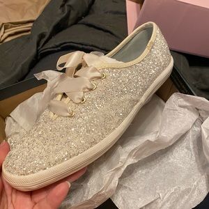NEW Keds Kate Spade White Cream Glitter wedding sneakers size 9